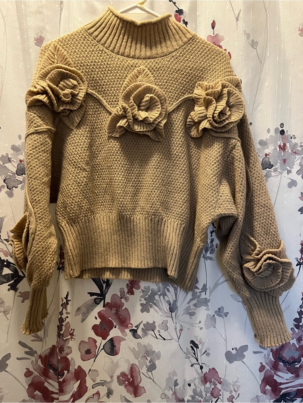 SHEIN Beige 3D Floral Cable-Knit Turtleneck Sweater